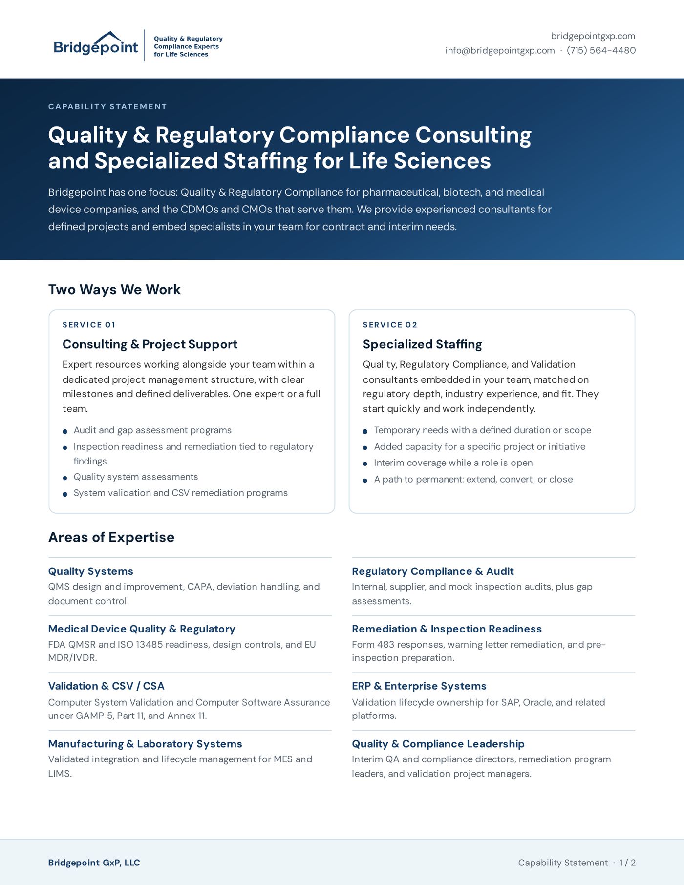 Bridgepoint brochure, page 1: how we work and areas of expertise
