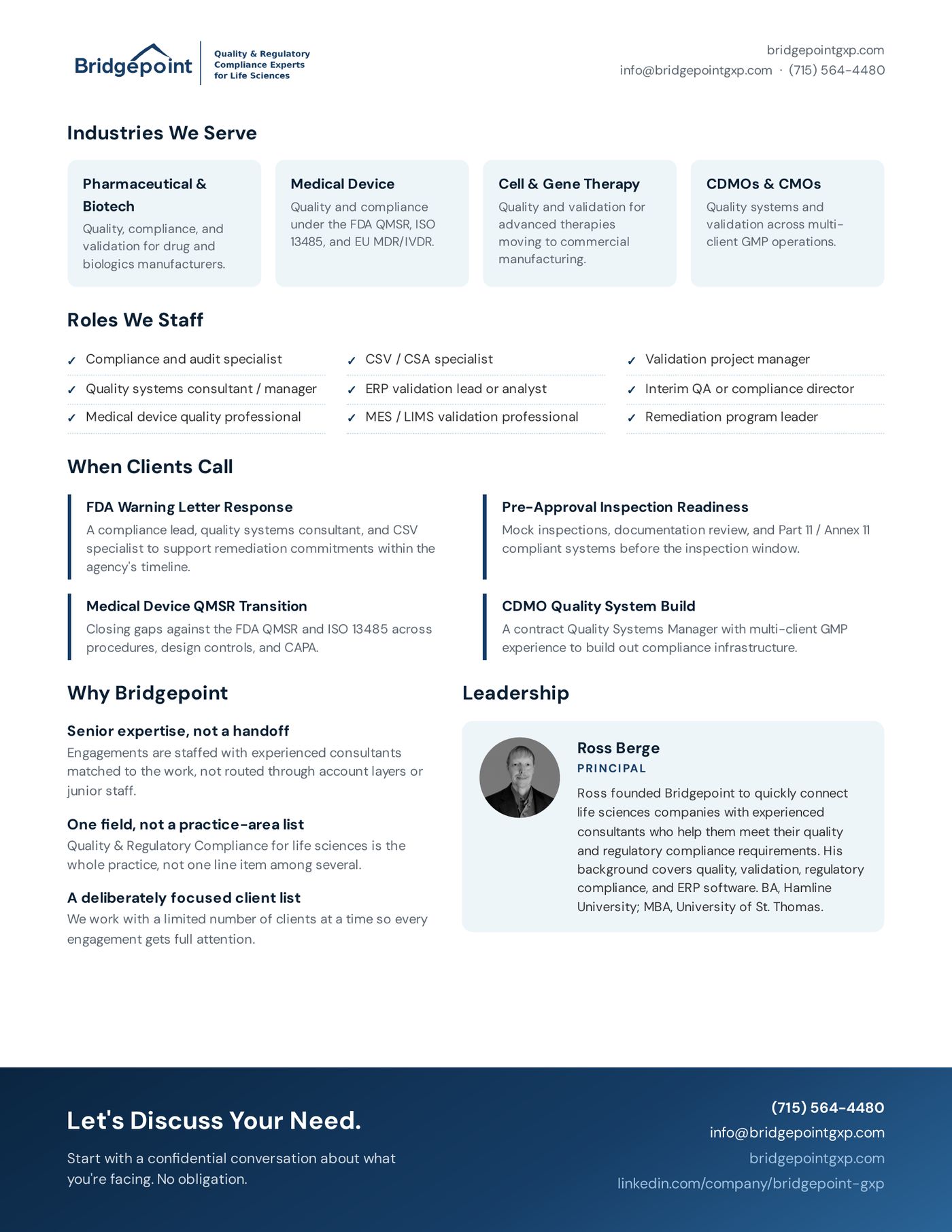 Bridgepoint brochure, page 2: industries, roles we staff, and leadership